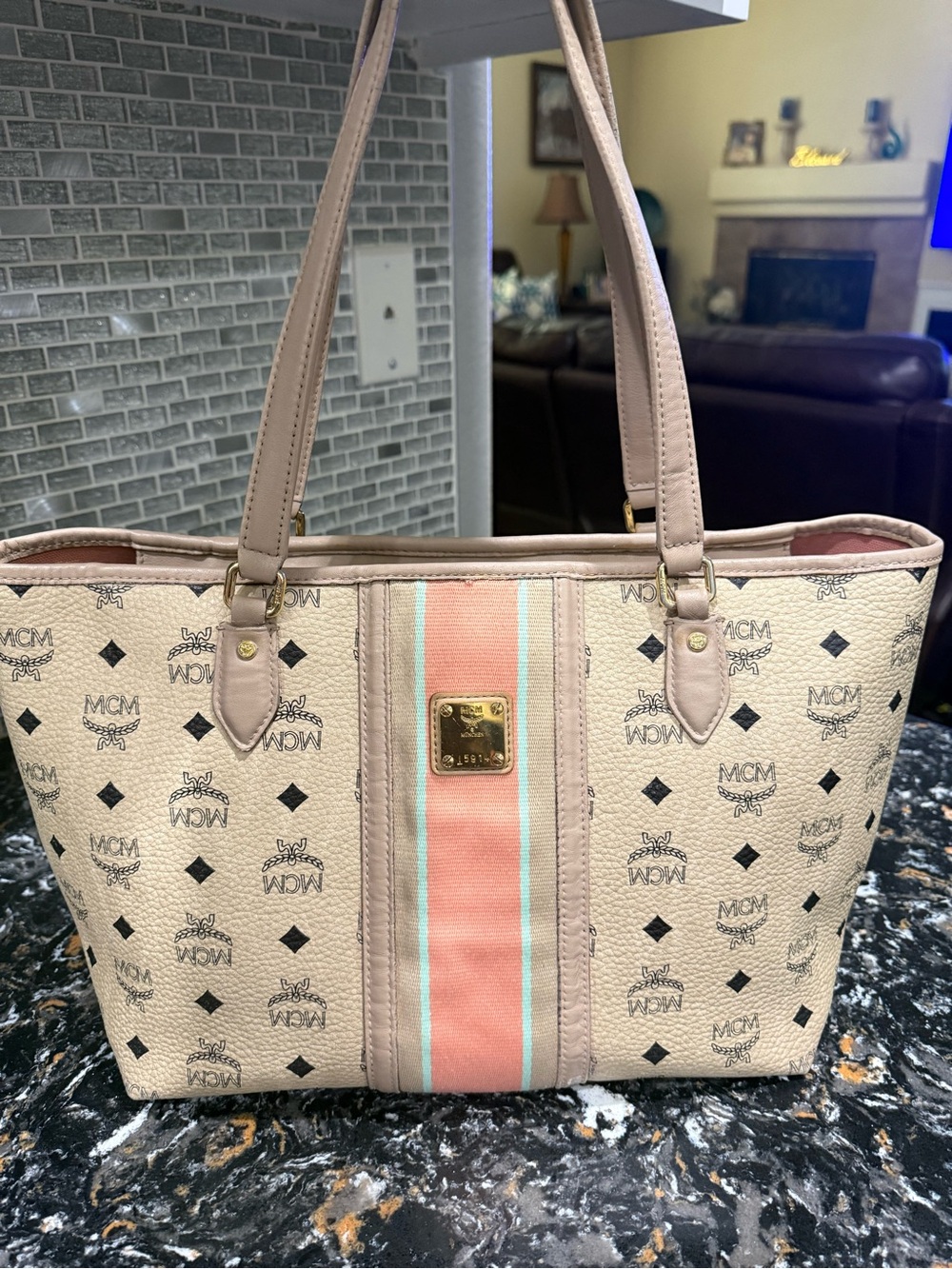 MCM Beige Visetos Tote with Pink and Mint Center Stripe